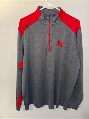 PING Men's Gray and Red Quarter-Zip Pullover with 'N' Patch